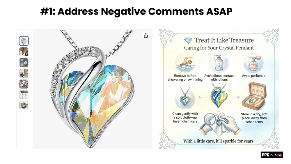 Best practice 1: address negative comments by adding a Treat It Like Treasure care image for a crystal pendant