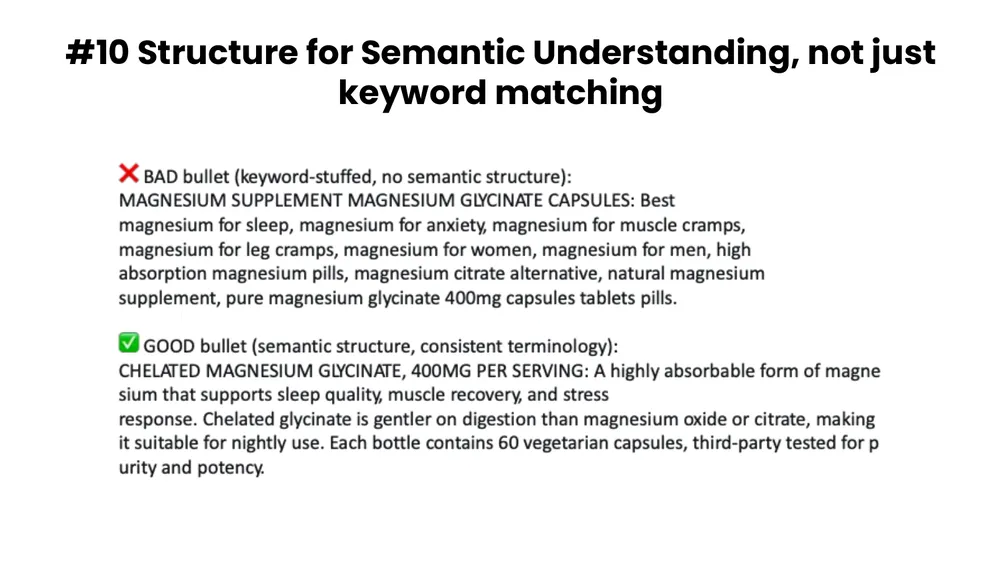 Best practice 10: structure for semantic understanding, contrasting a keyword-stuffed bullet with a semantically structured bullet for magnesium glycinate