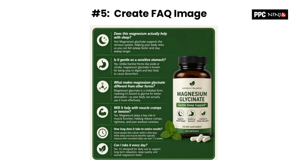Best practice 5: create an FAQ image answering common questions about a magnesium glycinate supplement