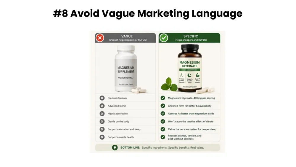 Best practice 8: avoid vague marketing language, contrasting vague claims like premium formula with specific claims like absorbs 4x better than magnesium oxide