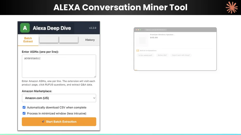 The Alexa Conversation Miner tool that batch extracts Rufus and Alexa questions from Amazon product pages