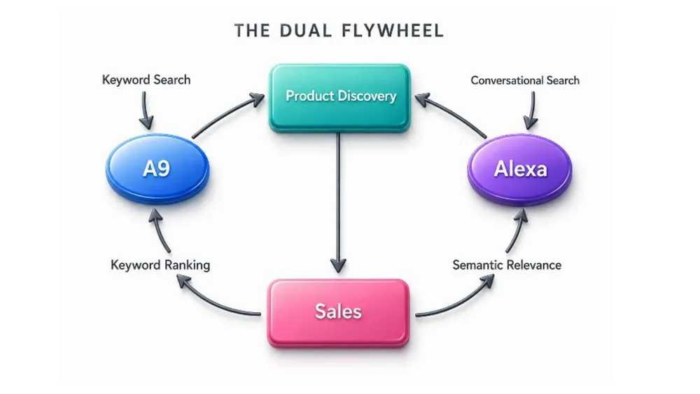 The dual flywheel: A9 keyword search and Alexa conversational search both feeding product discovery and sales