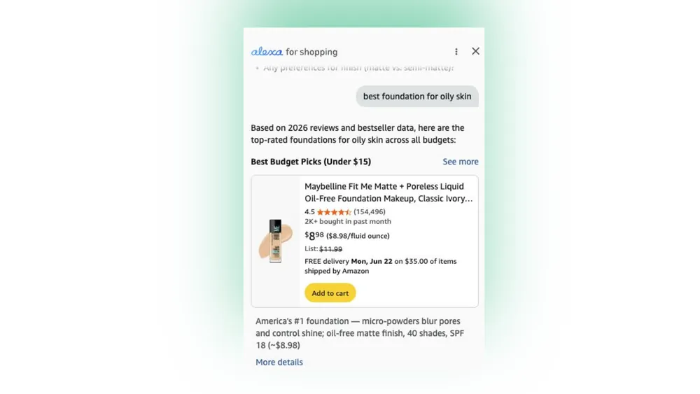 Alexa for Shopping result for best foundation for oily skin, a budget pick under fifteen dollars matched to the shopper