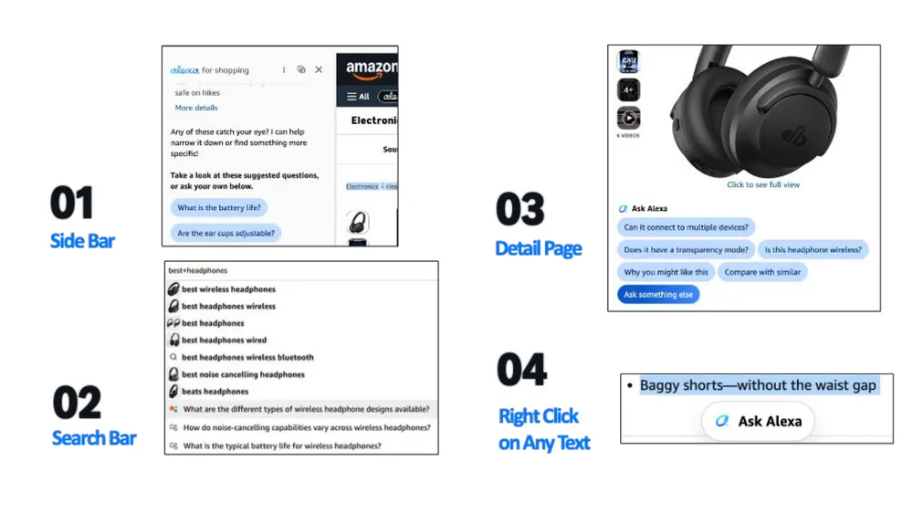 Four ways to interact with Alexa for Shopping: sidebar, search bar suggestions, detail page prompts, and right-click ask Alexa