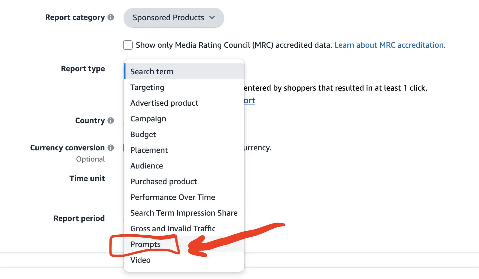 Sponsored Products Prompts data from Amazon Advertising console
