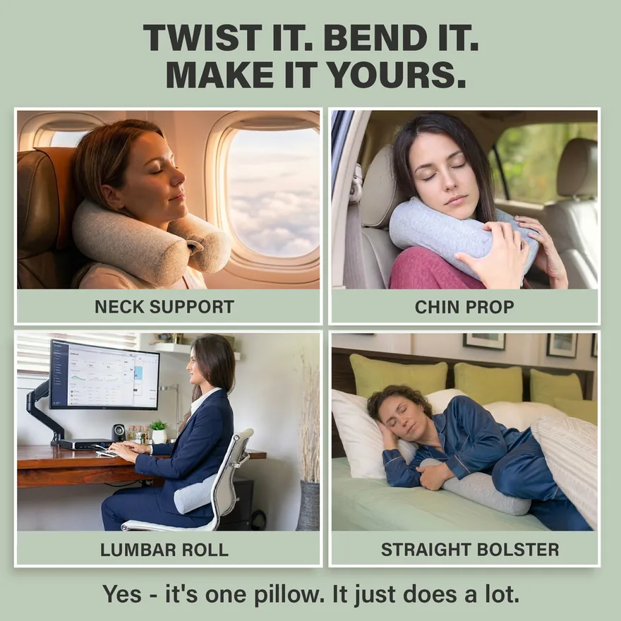 Travelers demonstrating different ways to wear a Dot & Dot pillow